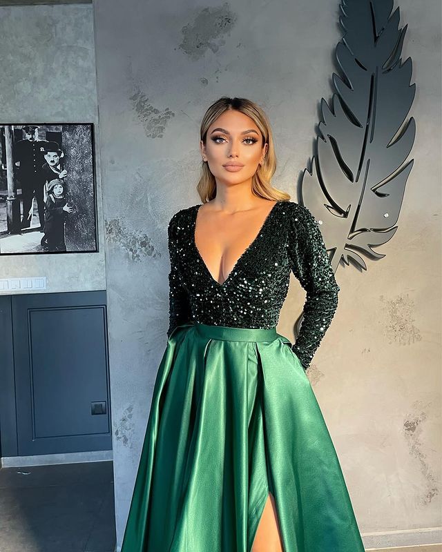 Long Sleeves V-Neck Sequins Prom Dress Long With Slit Online - Image 4