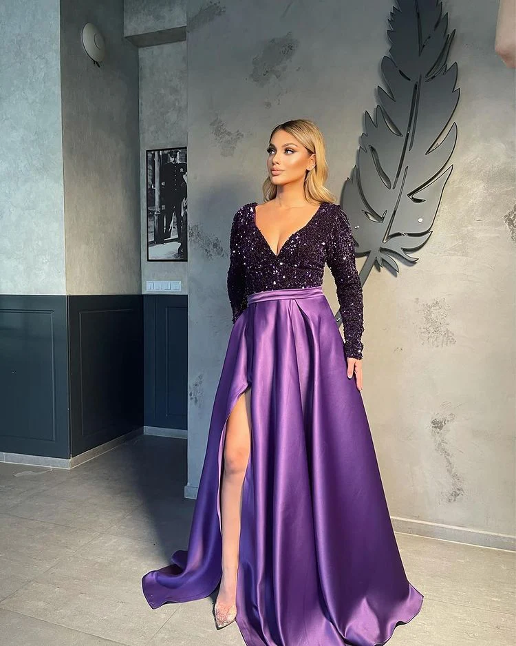 Long Sleeves V-Neck Sequins Prom Dress Long With Slit Online - Image 5
