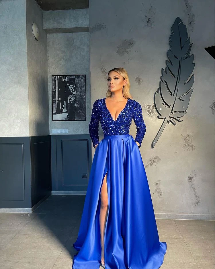 Long Sleeves V-Neck Sequins Prom Dress Long With Slit Online - Image 8