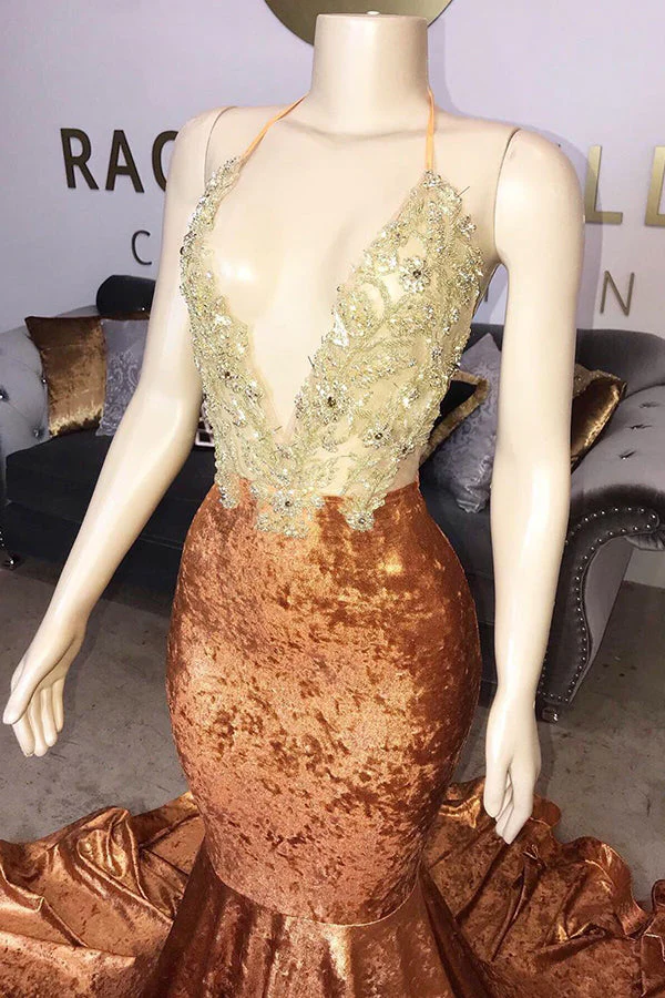 V-neck Halter Beading Sequins Court Train Mermaid Prom Dresses - Image 2