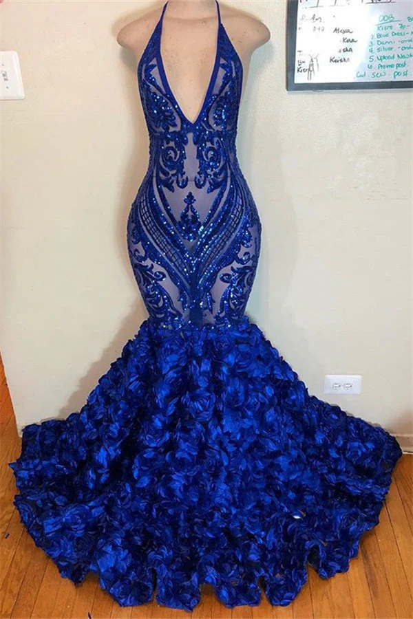 V-neck Halter Sequins Pattern Floral Sweep Train Prom Dresses - Image 2