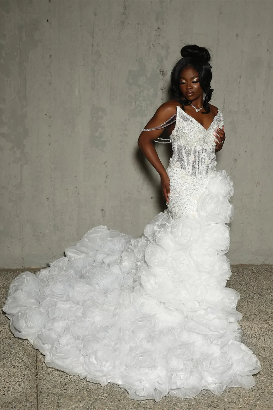 V-neck Ivory Flower Ruffles High Split Court Train Mermaid Prom Dresses - Image 3