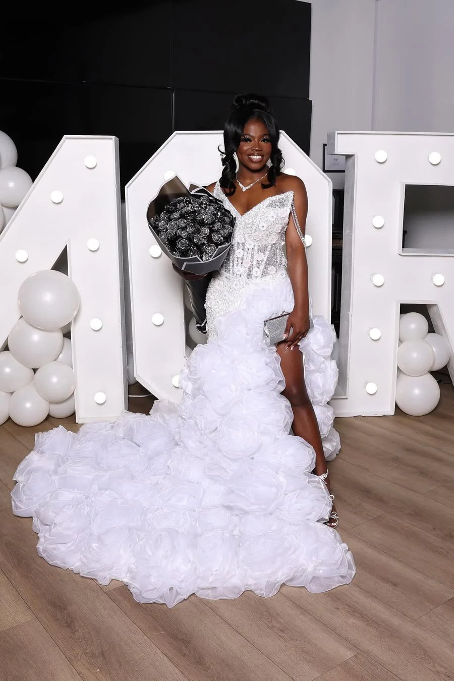 V-neck Ivory Flower Ruffles High Split Court Train Mermaid Prom Dresses - Image 6