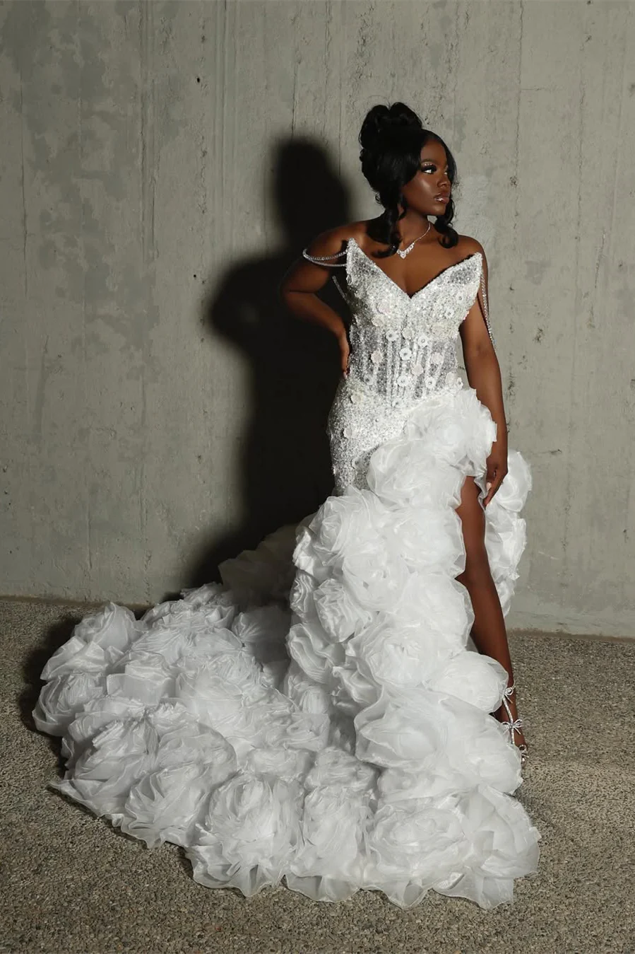 V-neck Ivory Flower Ruffles High Split Court Train Mermaid Prom Dresses - Image 8