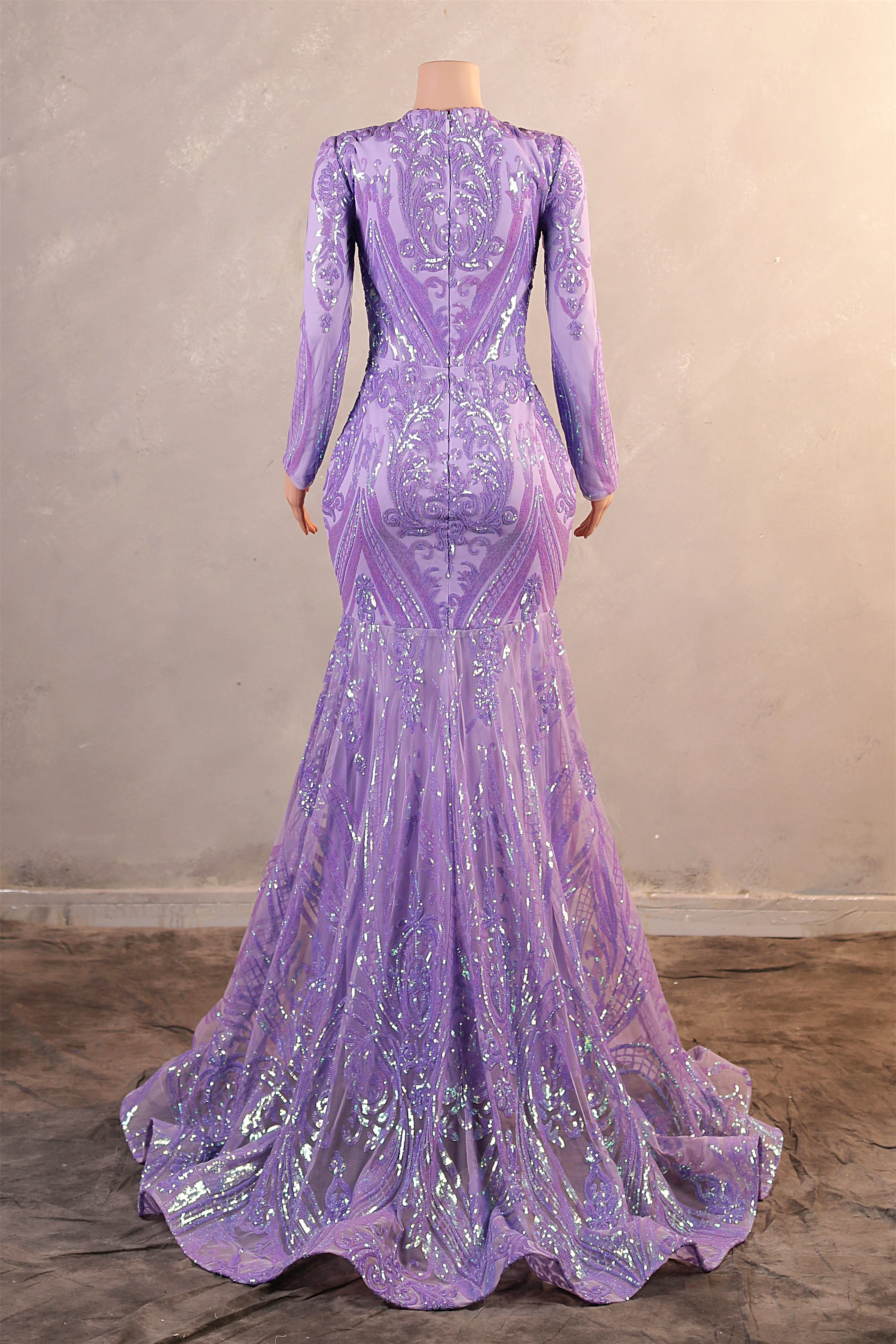 V-Neck Long Sleeve Zipper Sequins Mermaid Sweep Train Evening Dress - Image 2