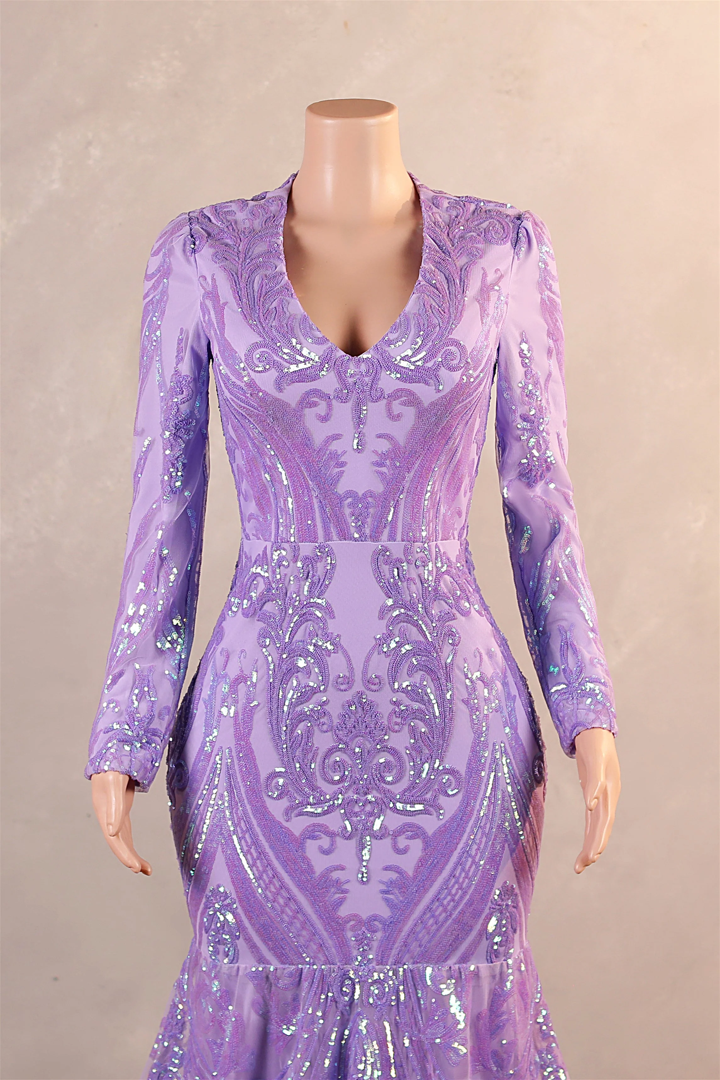 V-Neck Long Sleeve Zipper Sequins Mermaid Sweep Train Evening Dress - Image 4