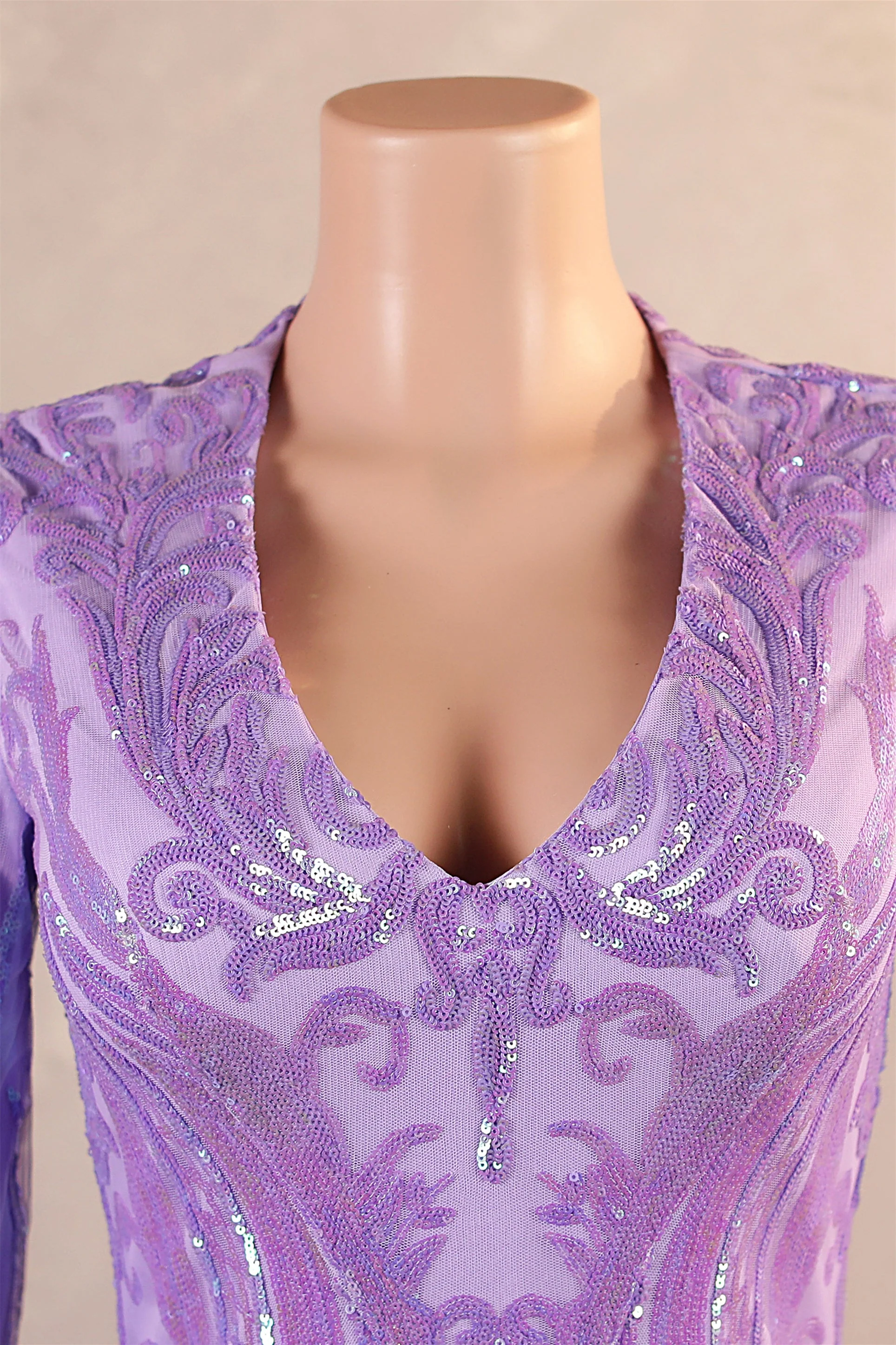 V-Neck Long Sleeve Zipper Sequins Mermaid Sweep Train Evening Dress - Image 5
