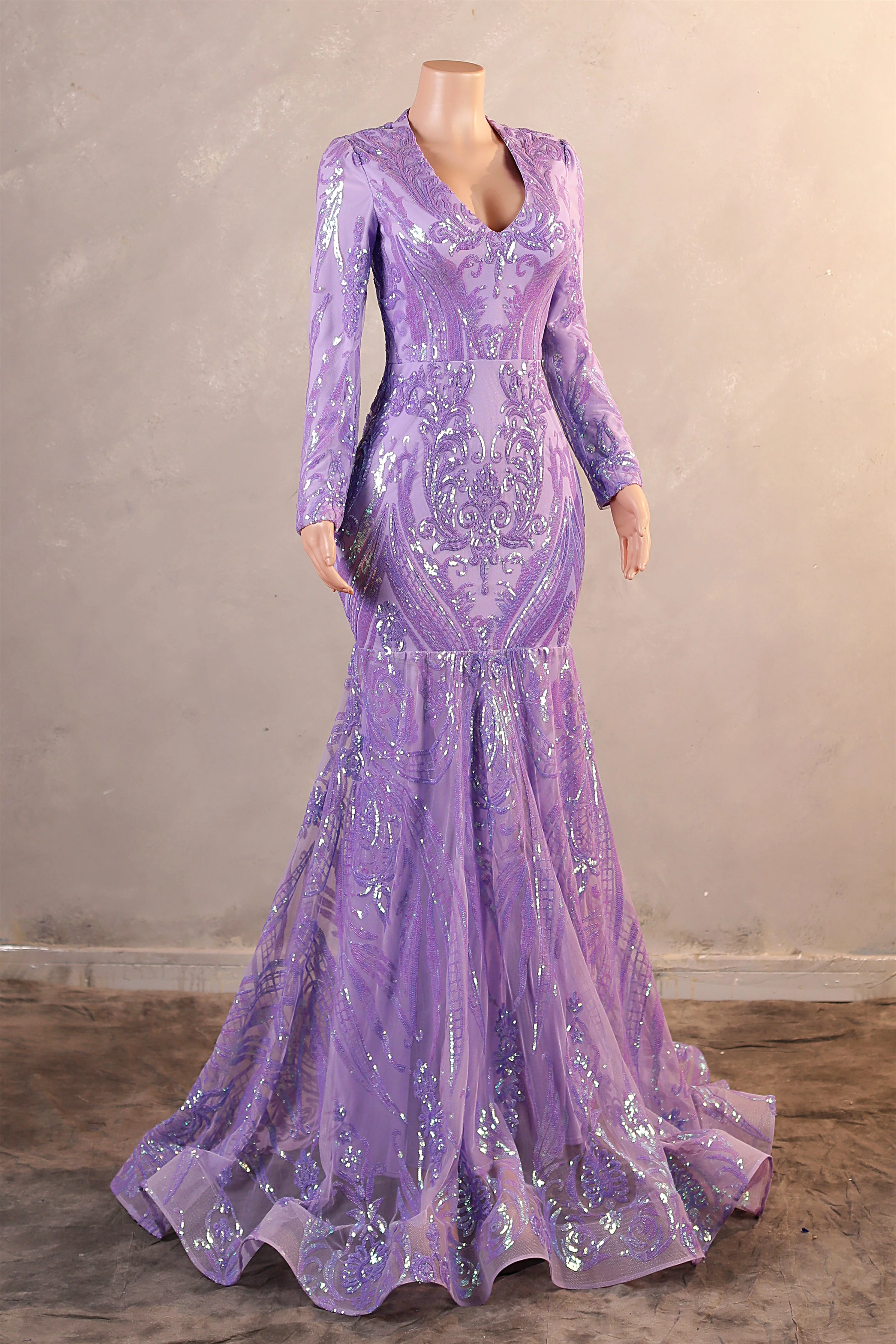 V-Neck Long Sleeve Zipper Sequins Mermaid Sweep Train Evening Dress - Image 6