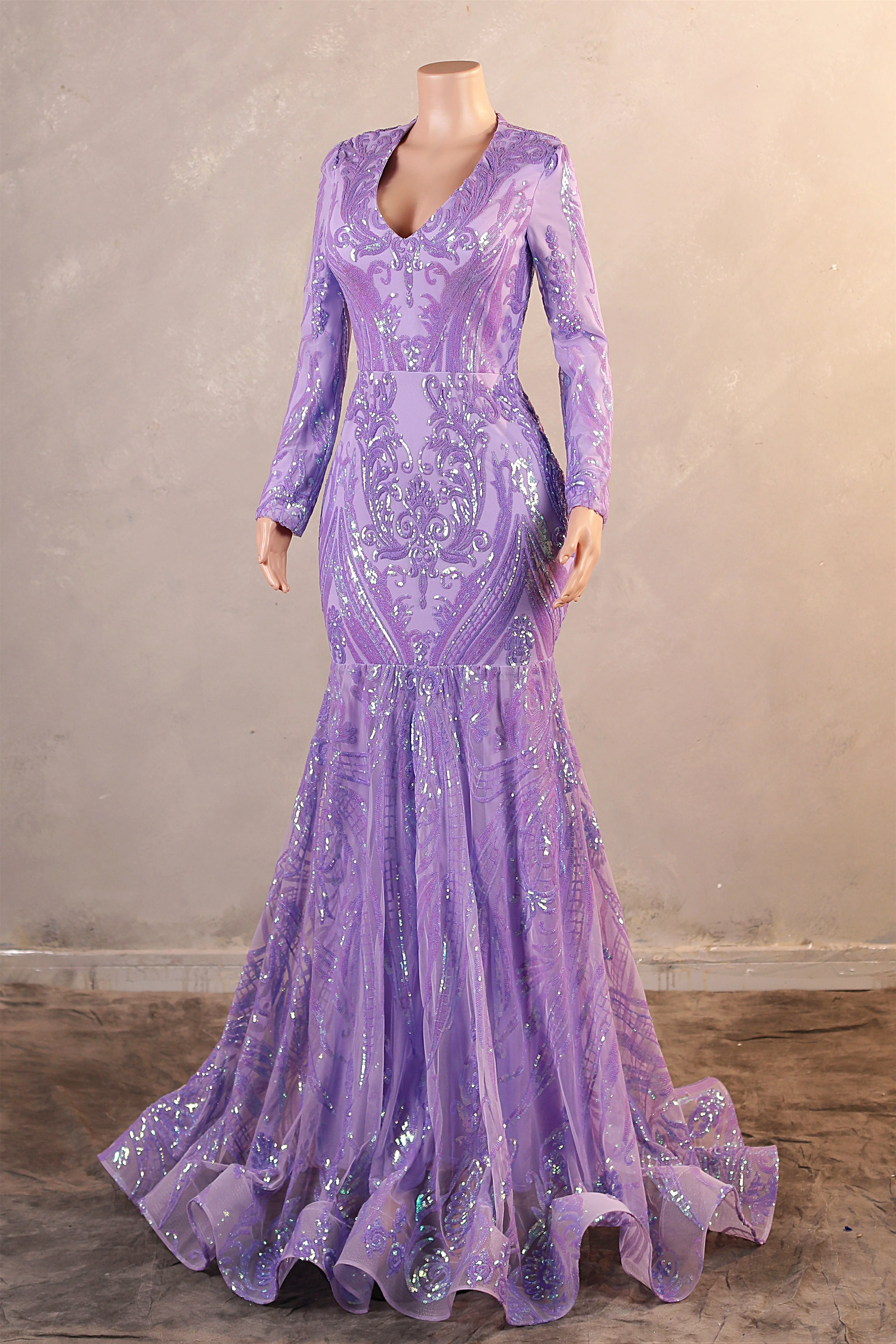 V-Neck Long Sleeve Zipper Sequins Mermaid Sweep Train Evening Dress - Image 7