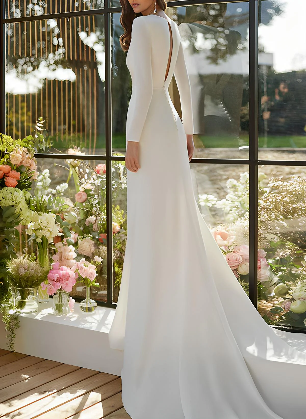 V-Neck Long Sleeves Court Train Elastic Satin Wedding Dresses Split Front - Image 3