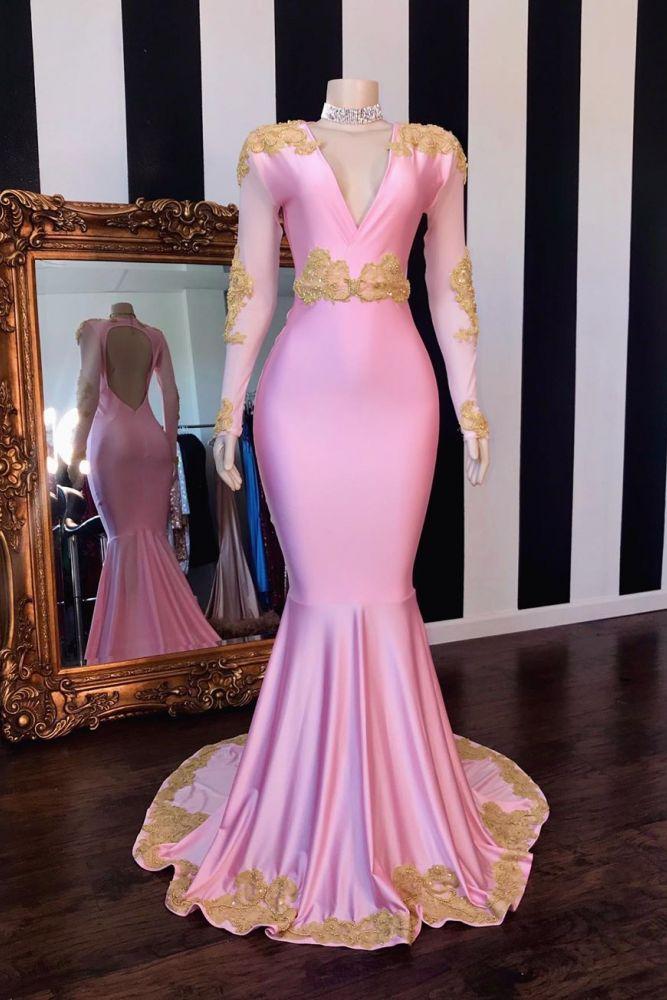 V-neck Long Sleevess Open Back Pink Mermaid Appliques Prom Gowns - Image 2