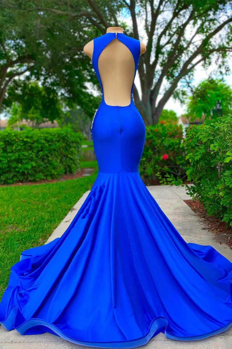 V-neck Mermaid Appliques Lace Sequined Open Back One Shoulder Floor-length Sleeveless Prom Dress - Image 2