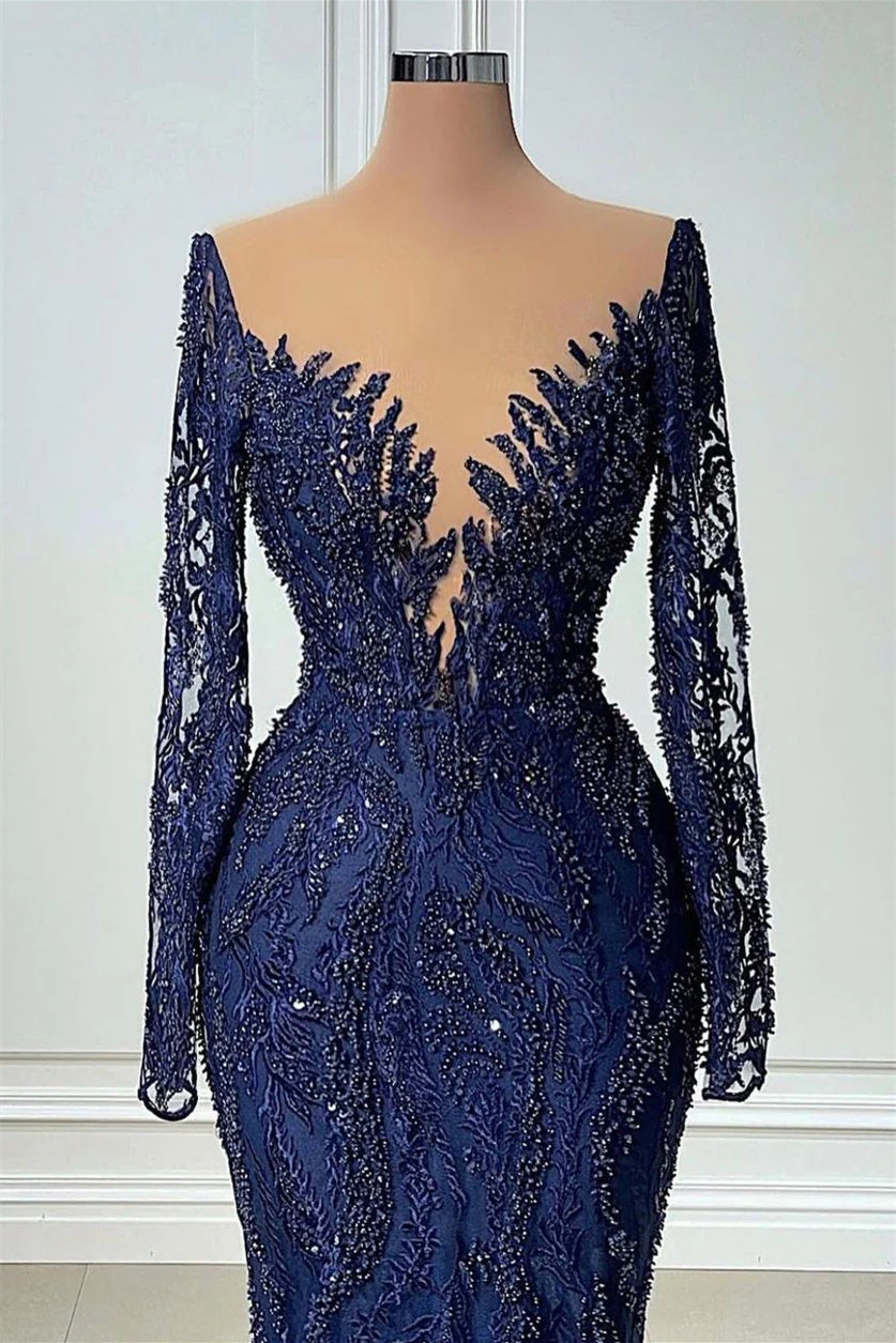 V-neck Mermaid Lace Floor-length Long Sleeve Sequined Prom Dress - Image 2