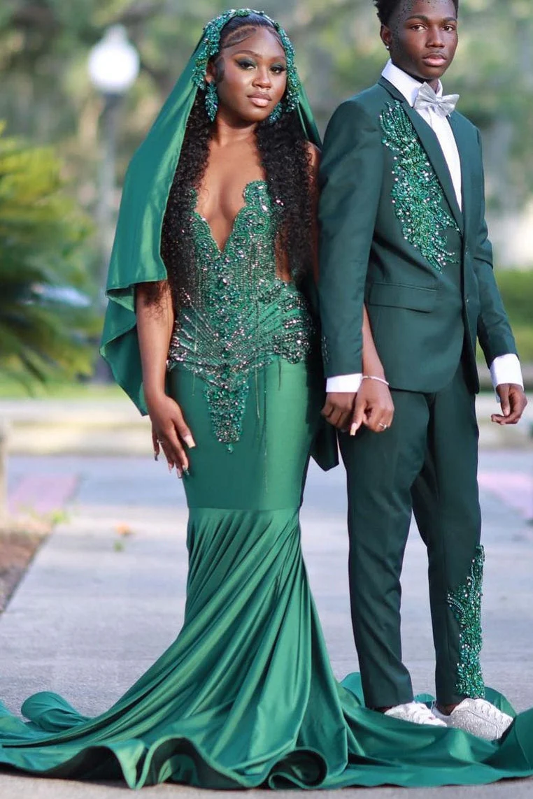 V-Neck Mermaid Sleeveless Beading Sweep Train Prom Dress - Image 4