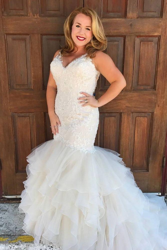V neck Mermaid Sleeveless White Beach Wedding Dresses - Image 2