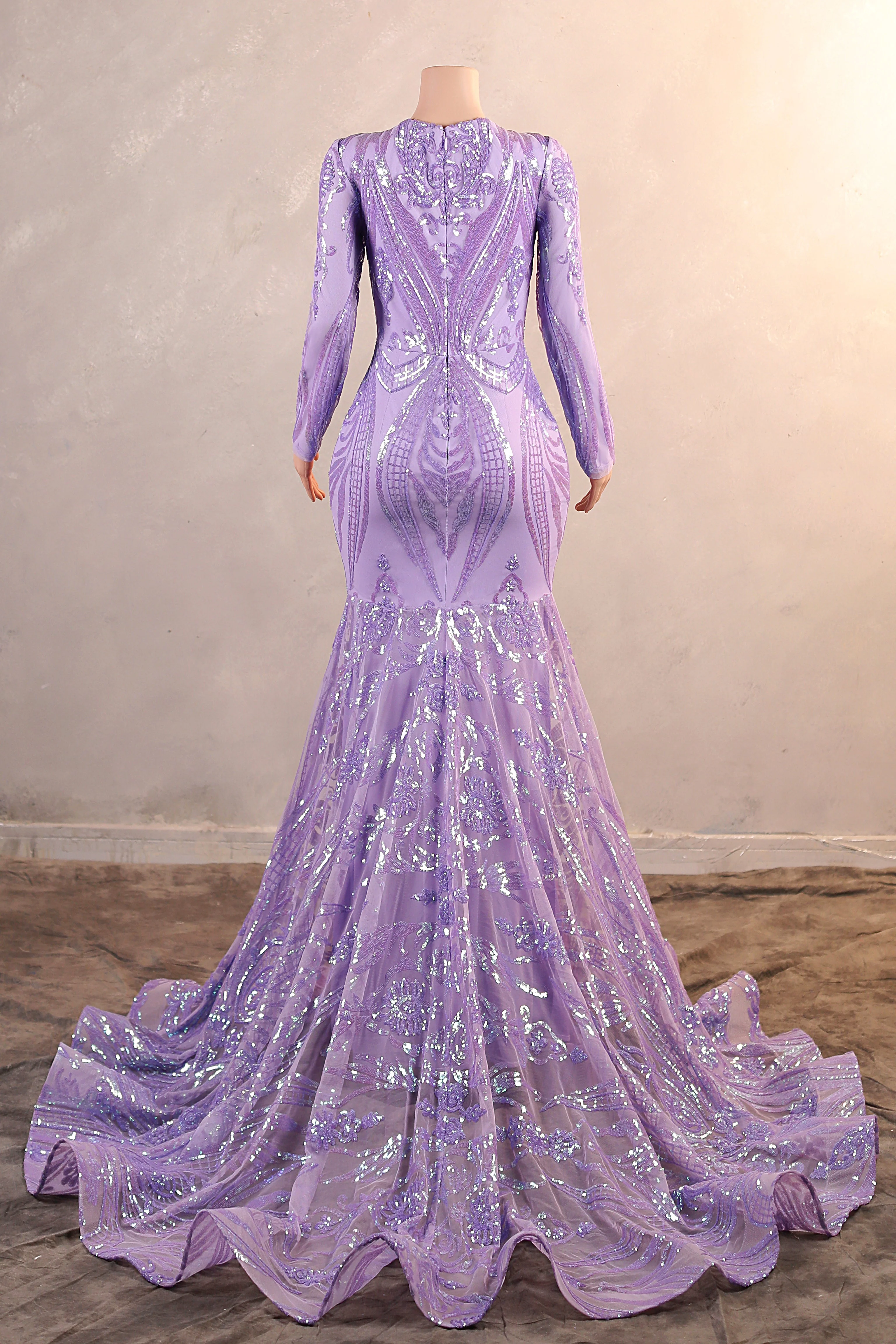 V-Neck Mermaid Sweep Train Sequins Zipper Long Sleeve Evening Dress - Image 2