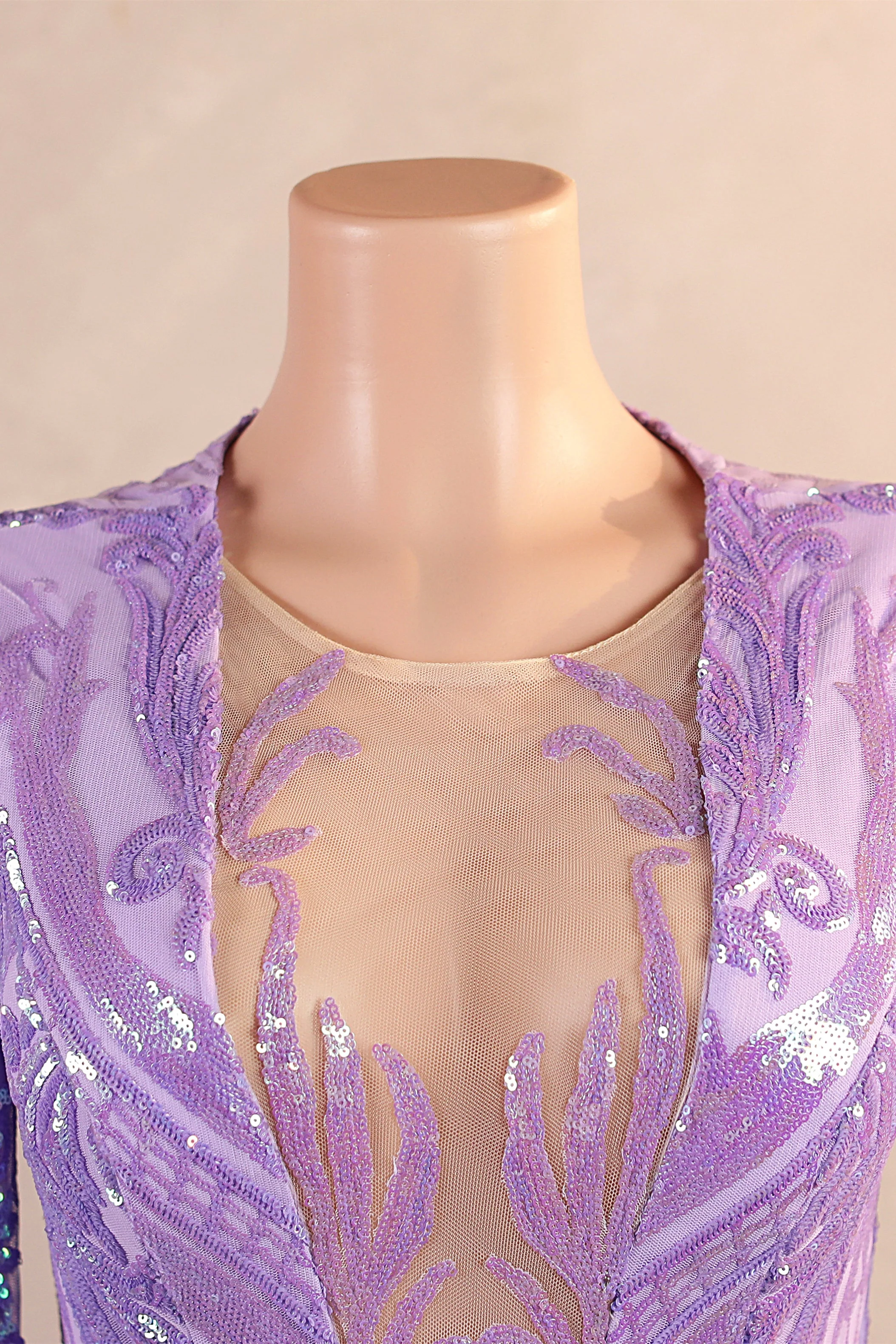 V-Neck Mermaid Sweep Train Sequins Zipper Long Sleeve Evening Dress - Image 3