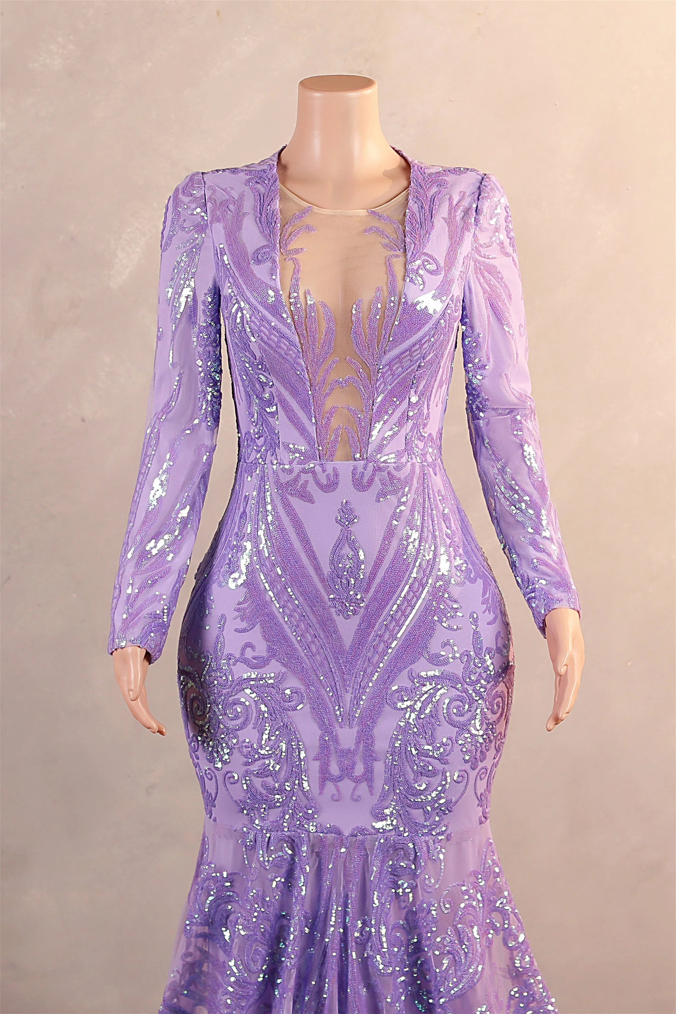 V-Neck Mermaid Sweep Train Sequins Zipper Long Sleeve Evening Dress - Image 5