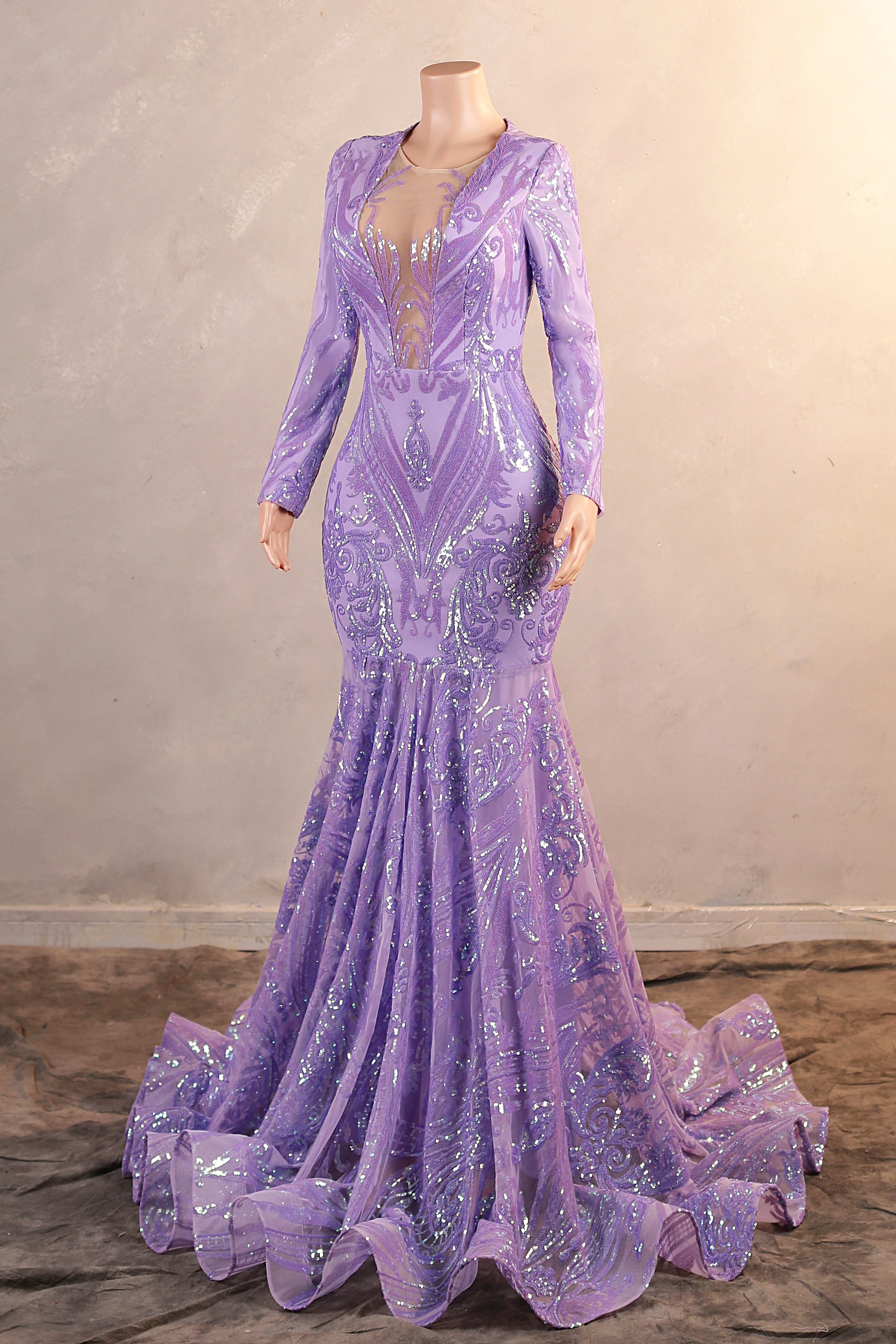 V-Neck Mermaid Sweep Train Sequins Zipper Long Sleeve Evening Dress - Image 6