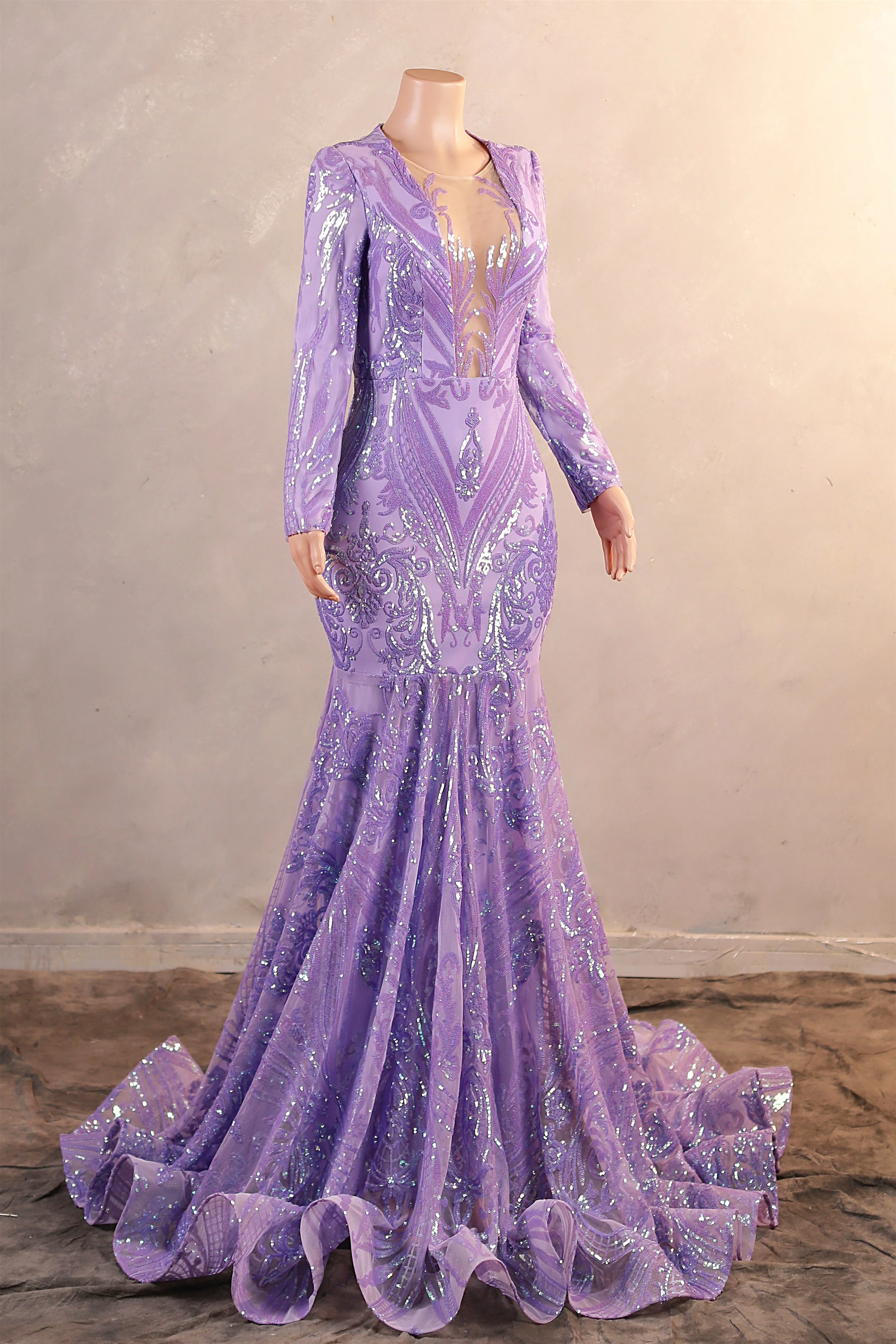 V-Neck Mermaid Sweep Train Sequins Zipper Long Sleeve Evening Dress - Image 7