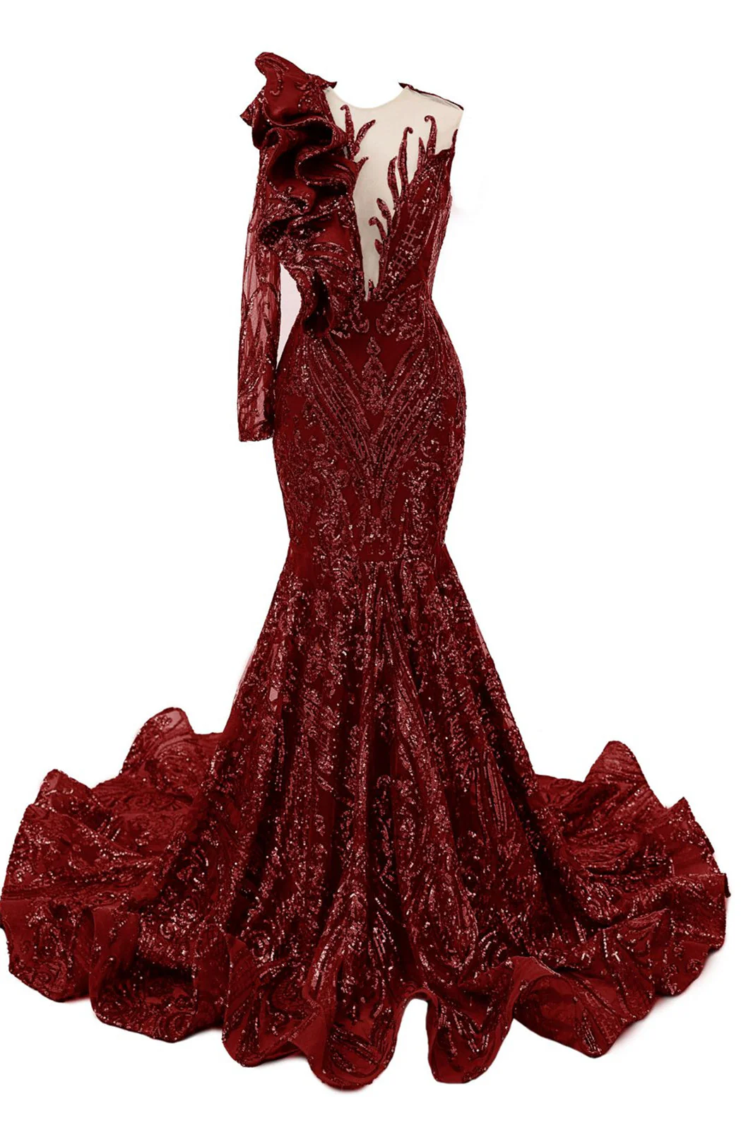 V-Neck One-Shoulder Mermaid Illusion Sequins Evening Dress - Image 10