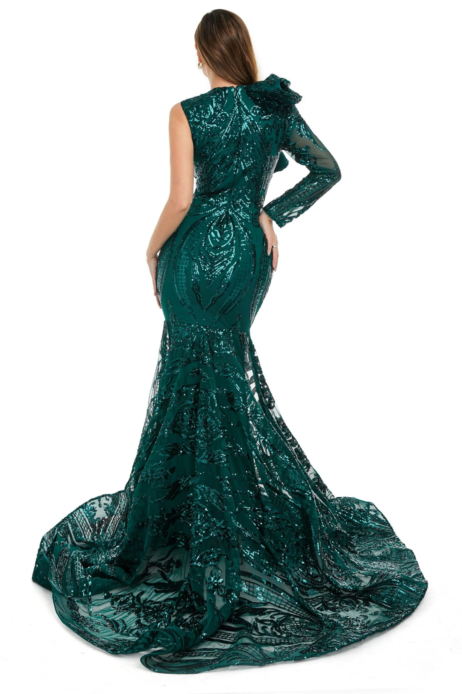 V-Neck One-Shoulder Mermaid Illusion Sequins Evening Dress - Image 2