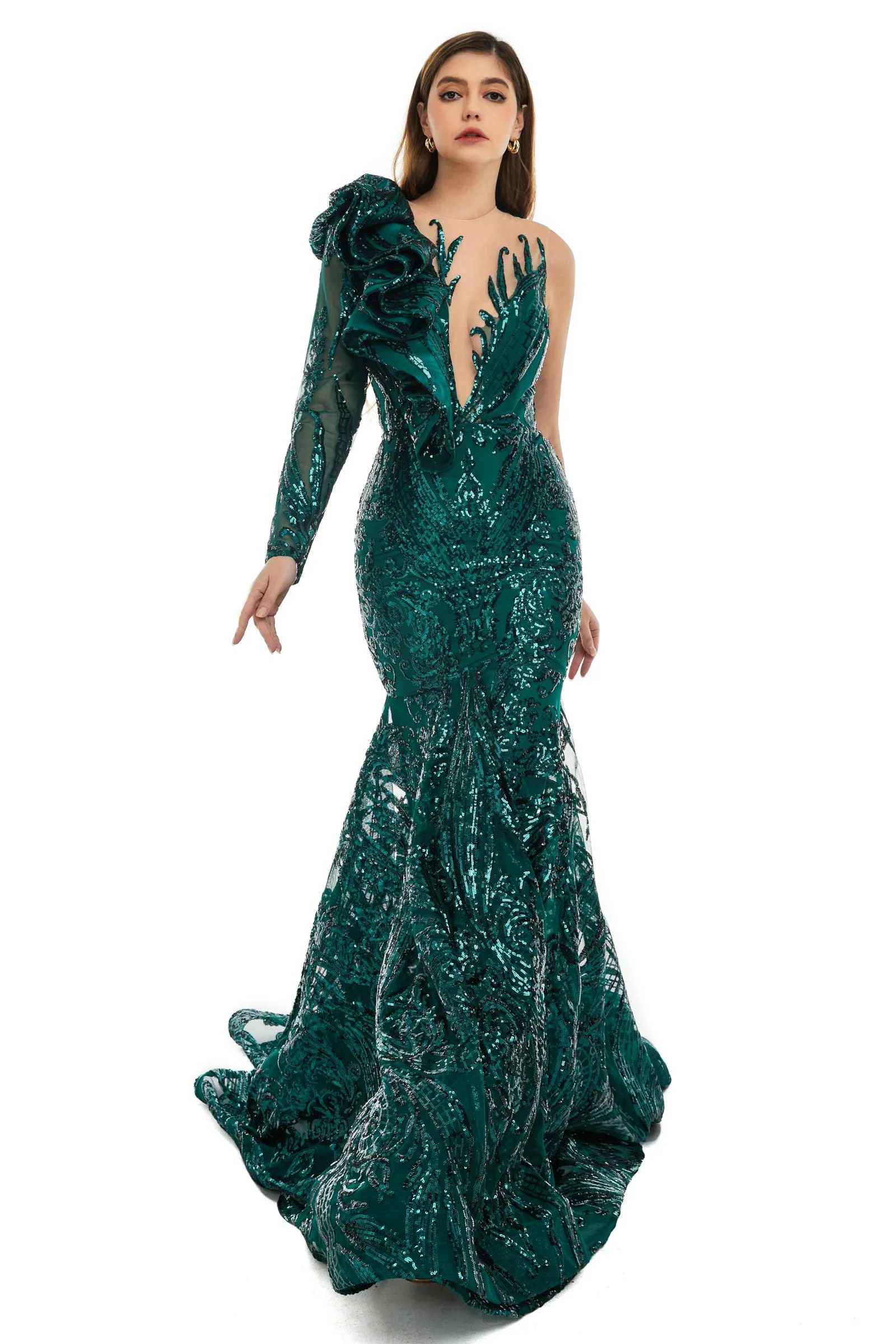 V-Neck One-Shoulder Mermaid Illusion Sequins Evening Dress - Image 3