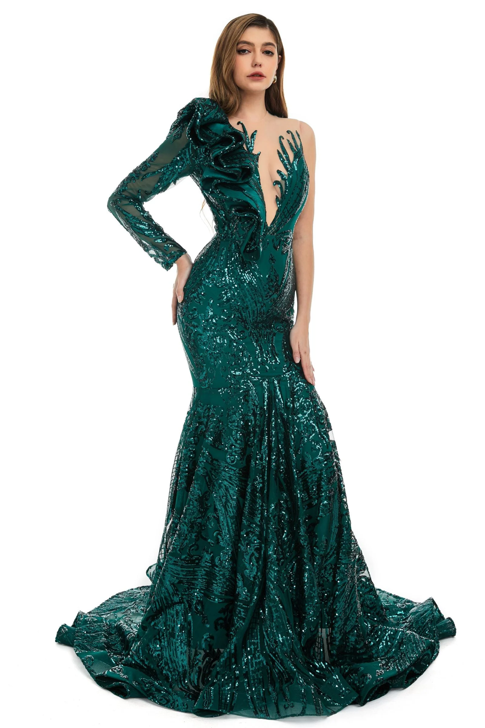 V-Neck One-Shoulder Mermaid Illusion Sequins Evening Dress - Image 4