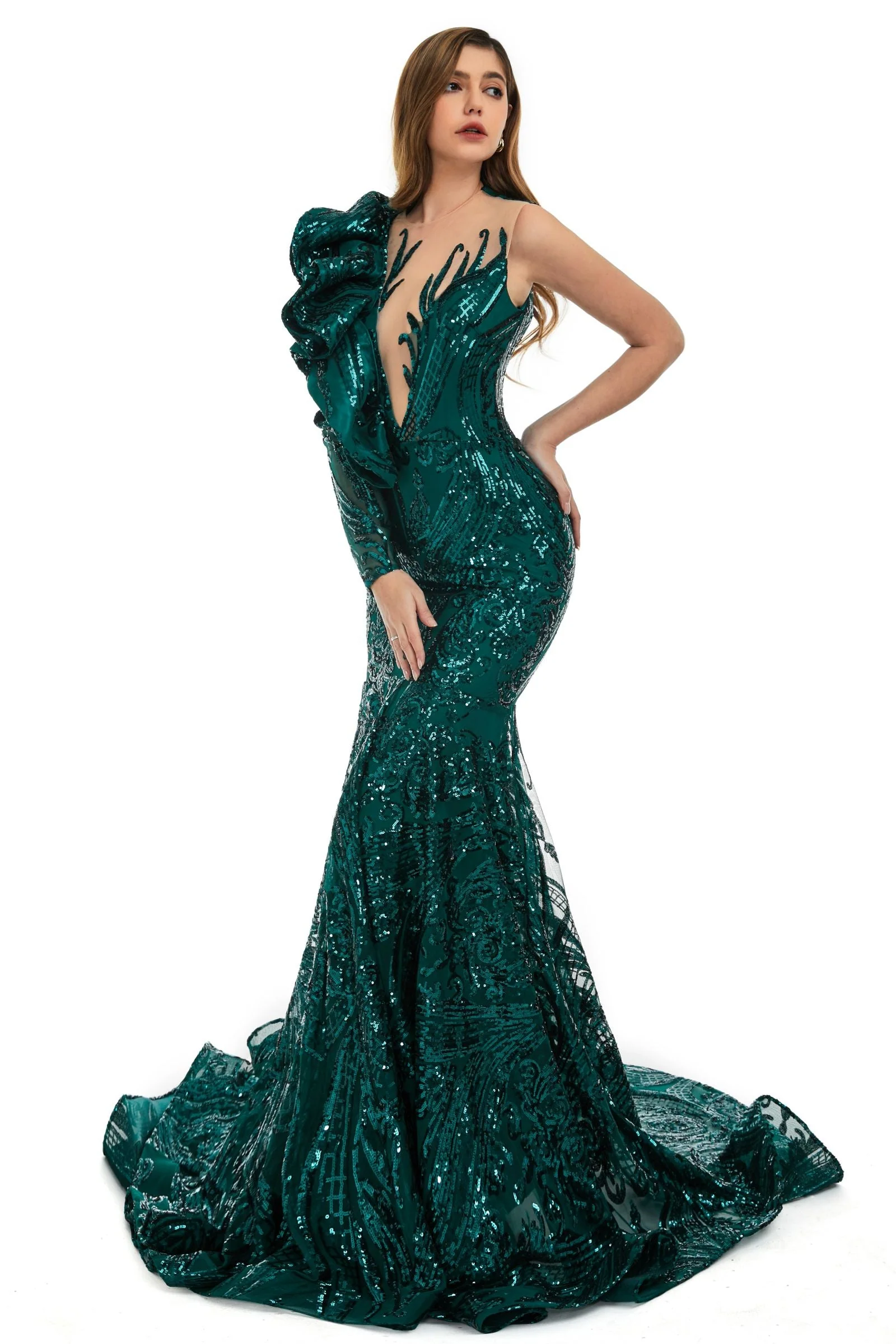 V-Neck One-Shoulder Mermaid Illusion Sequins Evening Dress - Image 6