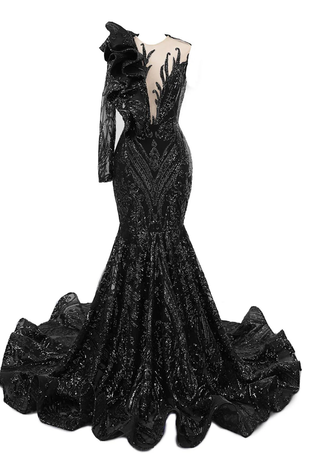 V-Neck One-Shoulder Mermaid Illusion Sequins Evening Dress - Image 7