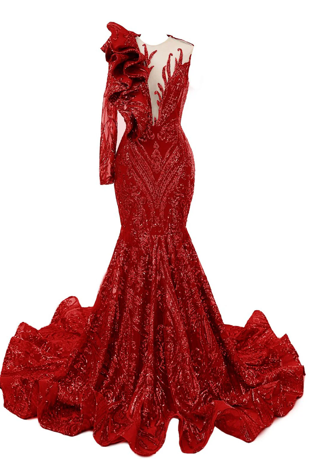 V-Neck One-Shoulder Mermaid Illusion Sequins Evening Dress - Image 8