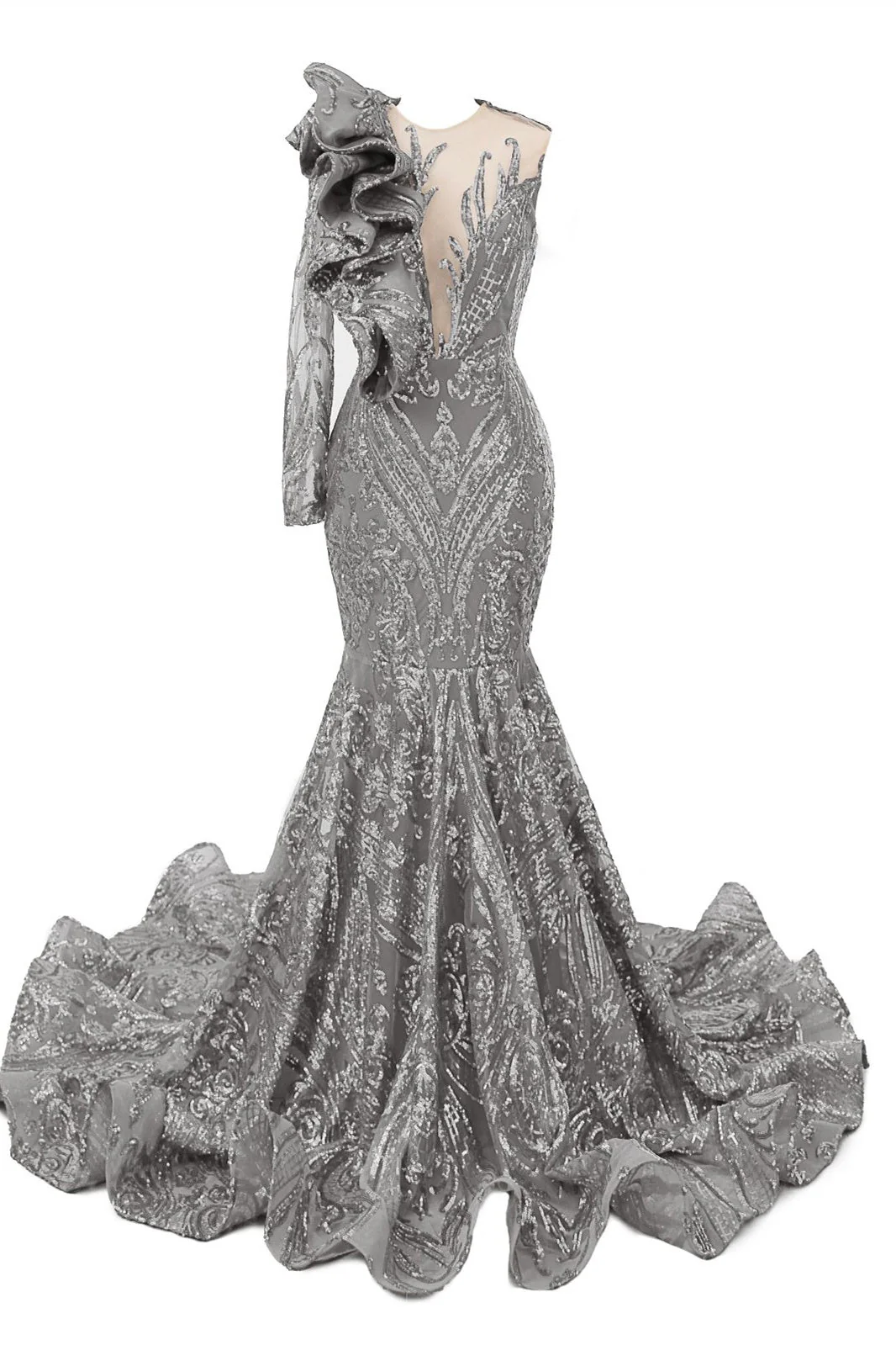 V-Neck One-Shoulder Mermaid Illusion Sequins Evening Dress - Image 9
