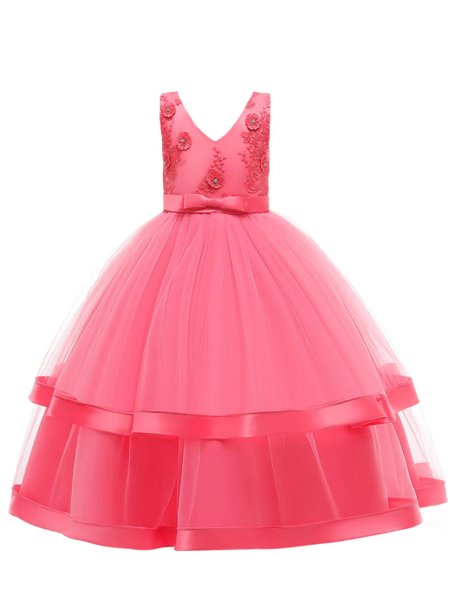 V Neck Polyester Cotton Sleeveless Ankle Length Princess Embroidered Kids Party Dresses - Image 2