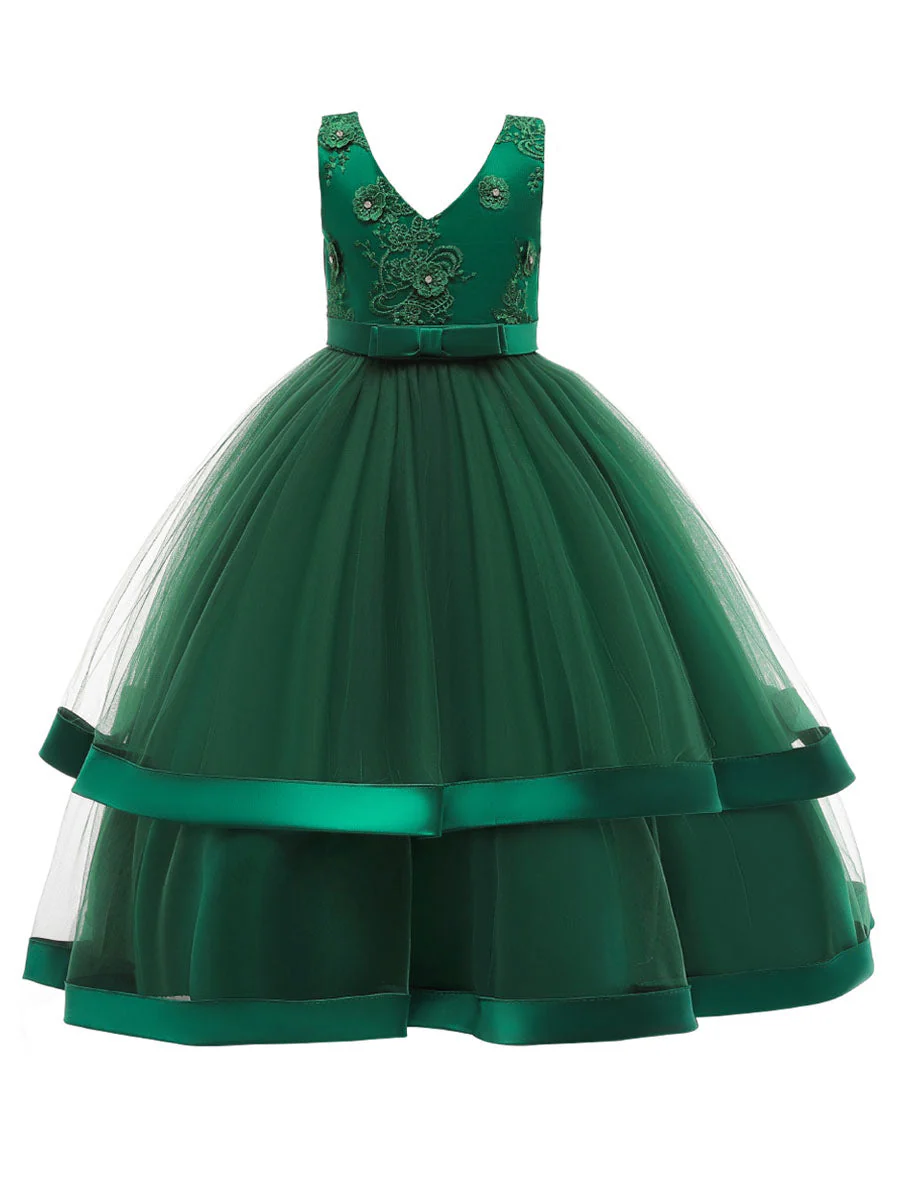 V Neck Polyester Cotton Sleeveless Ankle Length Princess Embroidered Kids Party Dresses - Image 3