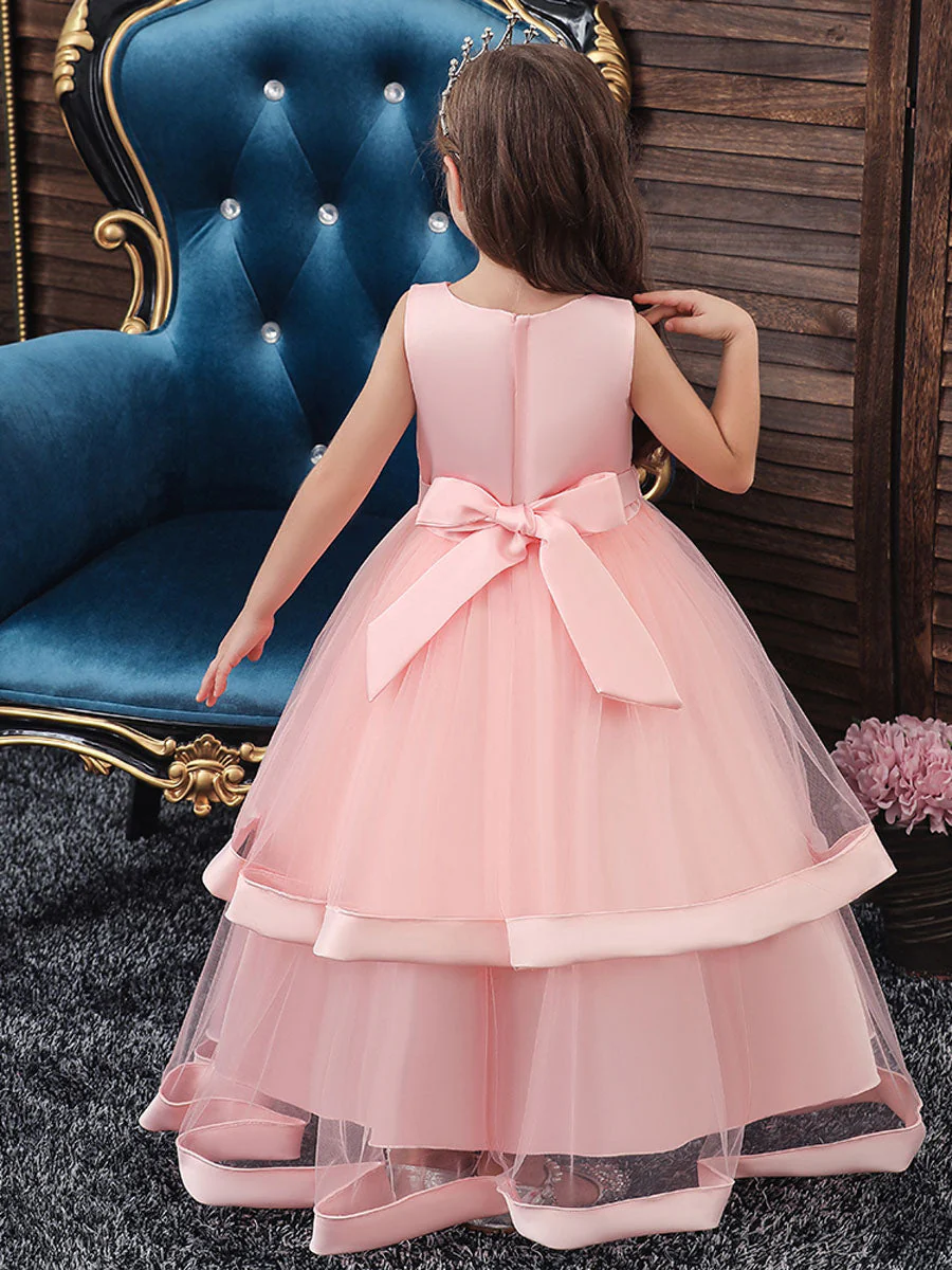 V Neck Polyester Cotton Sleeveless Ankle Length Princess Embroidered Kids Party Dresses - Image 4