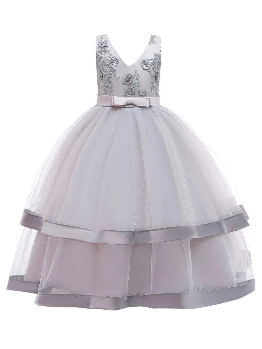 V Neck Polyester Cotton Sleeveless Ankle Length Princess Embroidered Kids Party Dresses - Image 5