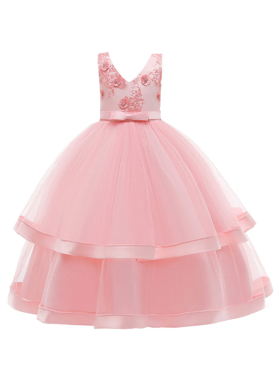 V Neck Polyester Cotton Sleeveless Ankle Length Princess Embroidered Kids Party Dresses - Image 6