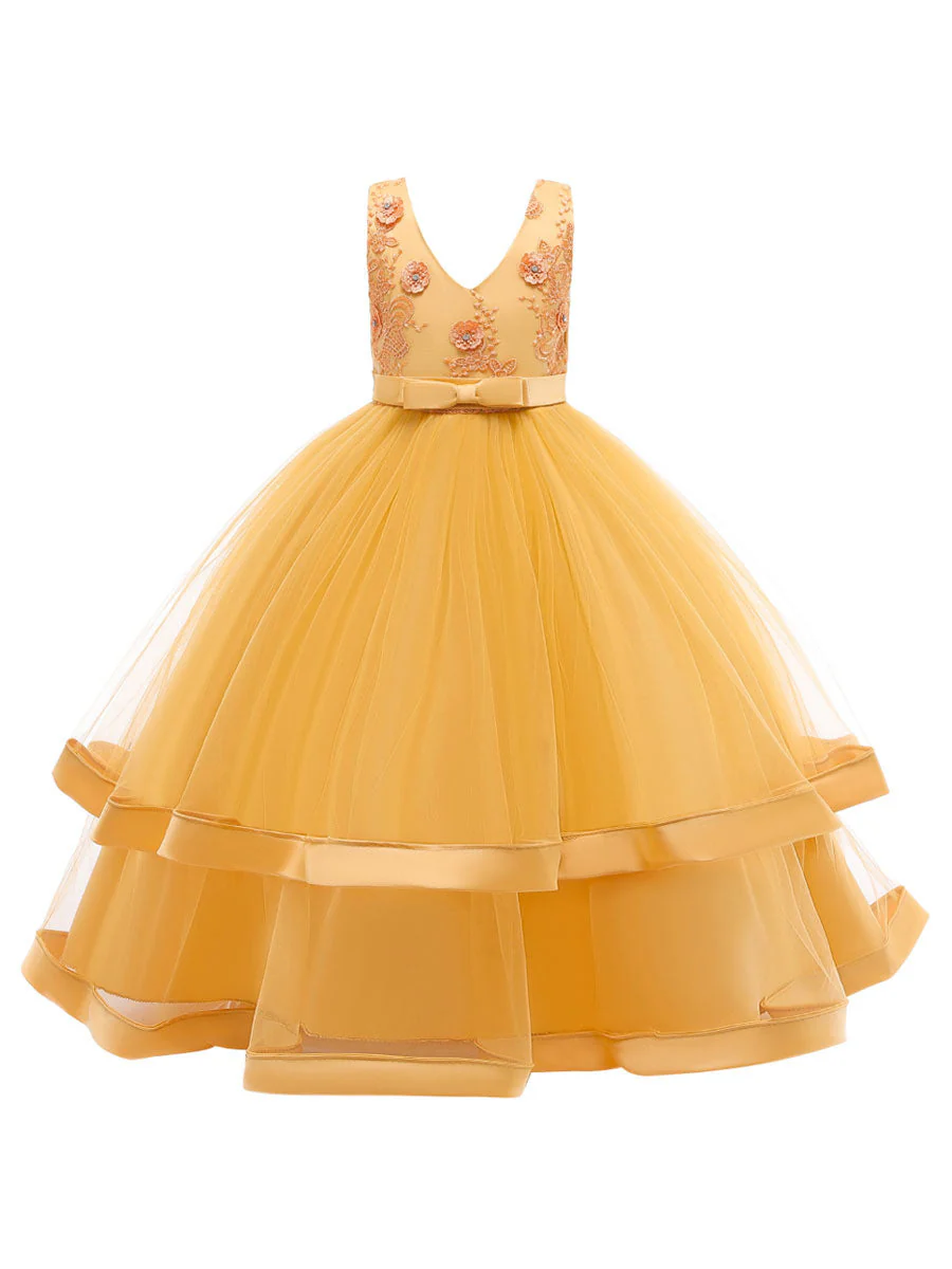 V Neck Polyester Cotton Sleeveless Ankle Length Princess Embroidered Kids Party Dresses - Image 7