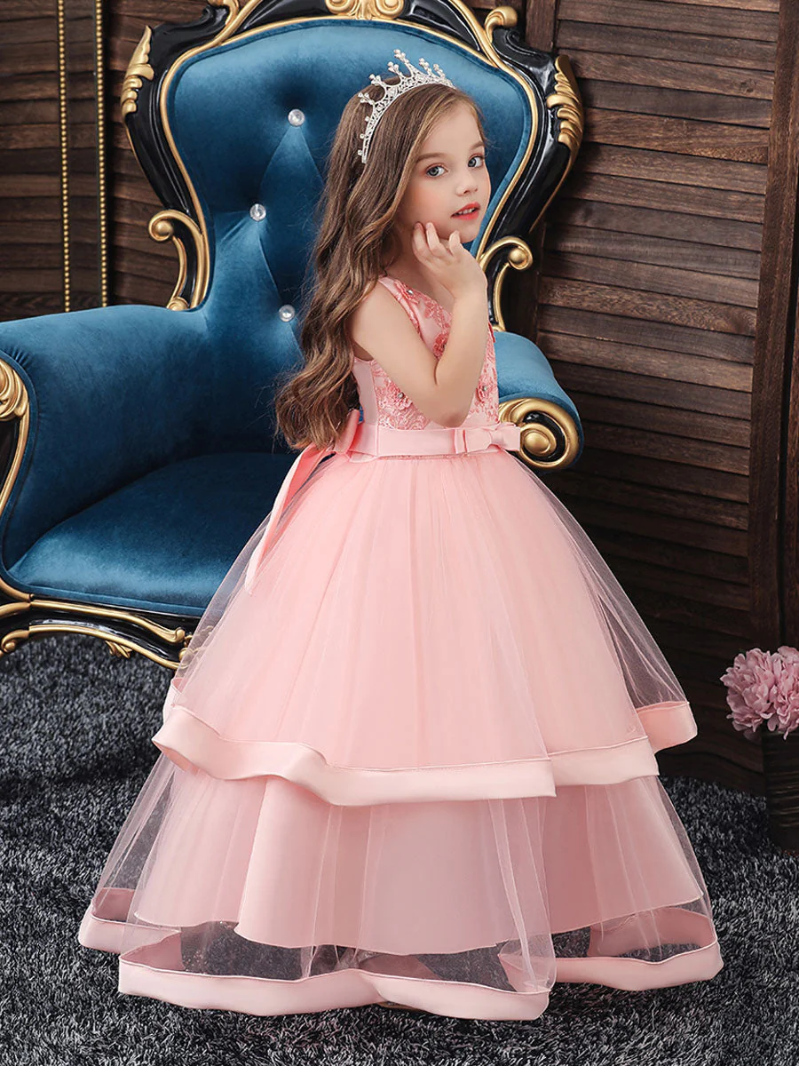 V Neck Polyester Cotton Sleeveless Ankle Length Princess Embroidered Kids Party Dresses - Image 9