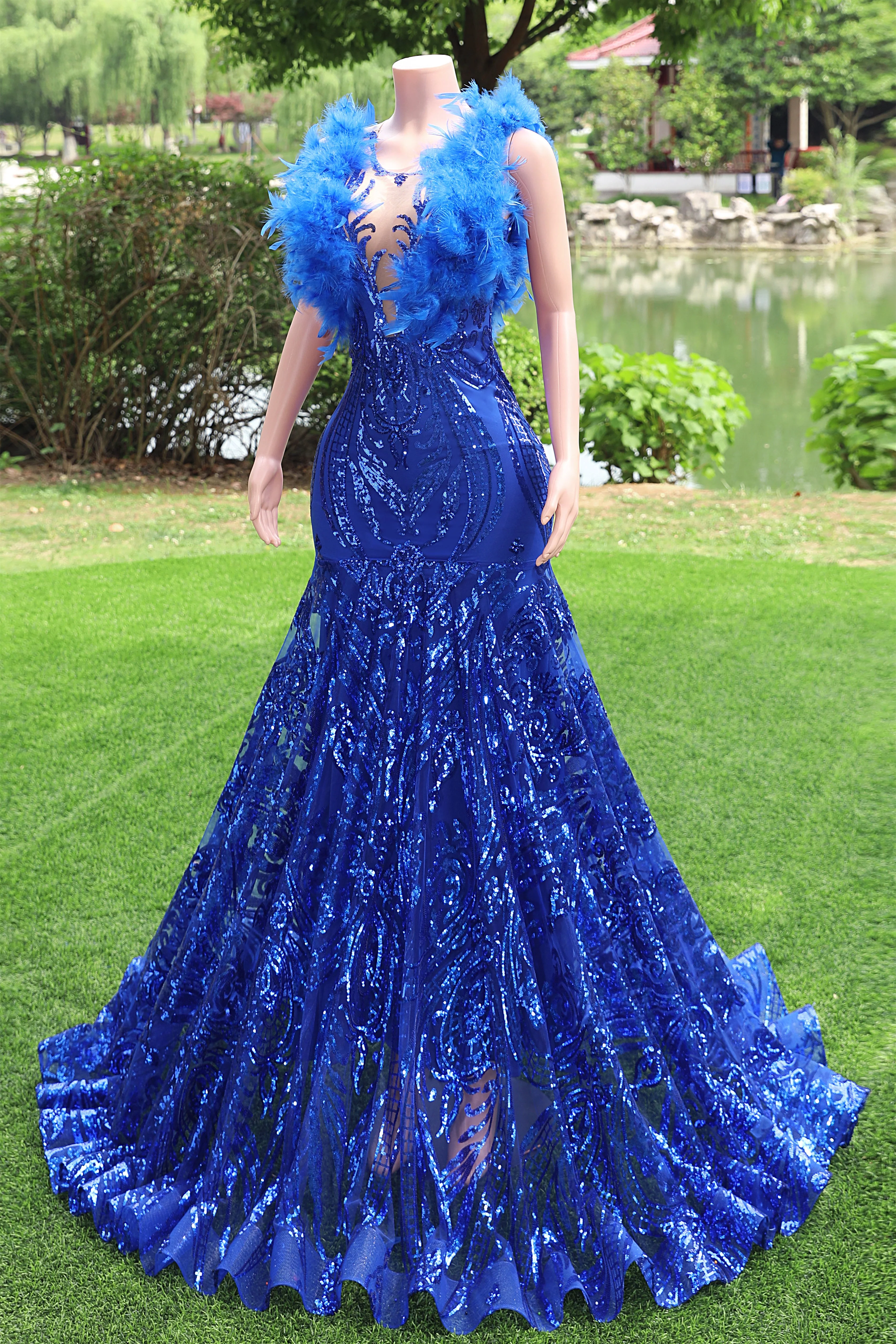 V-neck Royal Blue Feathers Sparkle Sequin Sleeveless Prom Dresses - Image 5