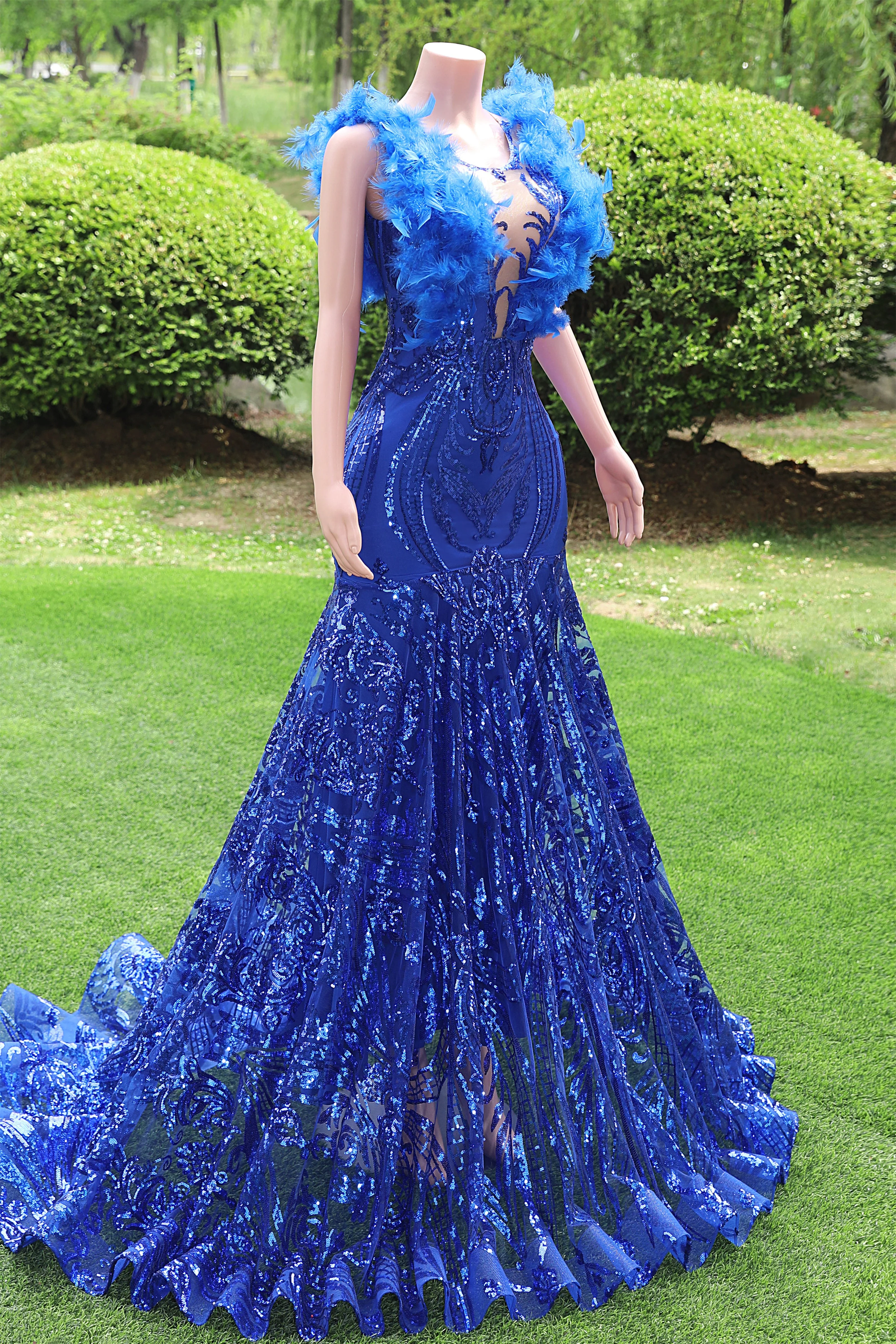 V-neck Royal Blue Feathers Sparkle Sequin Sleeveless Prom Dresses - Image 7