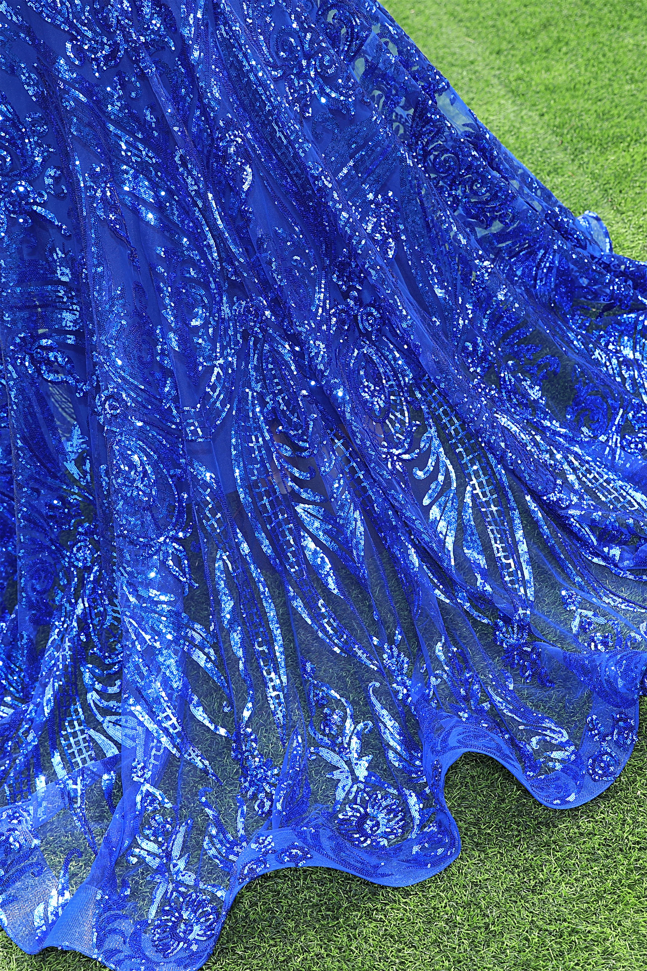 V-neck Royal Blue Feathers Sparkle Sequin Sleeveless Prom Dresses - Image 8