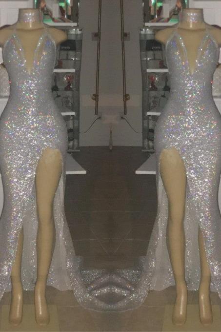 V-neck Sequins Mermaid Front Slit Floor Length Prom Dresses - Image 2