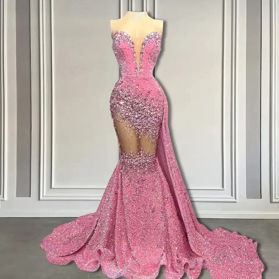 V-Neck Sequins Prom Dress Mermaid Sleeveless Crystal. - Image 2