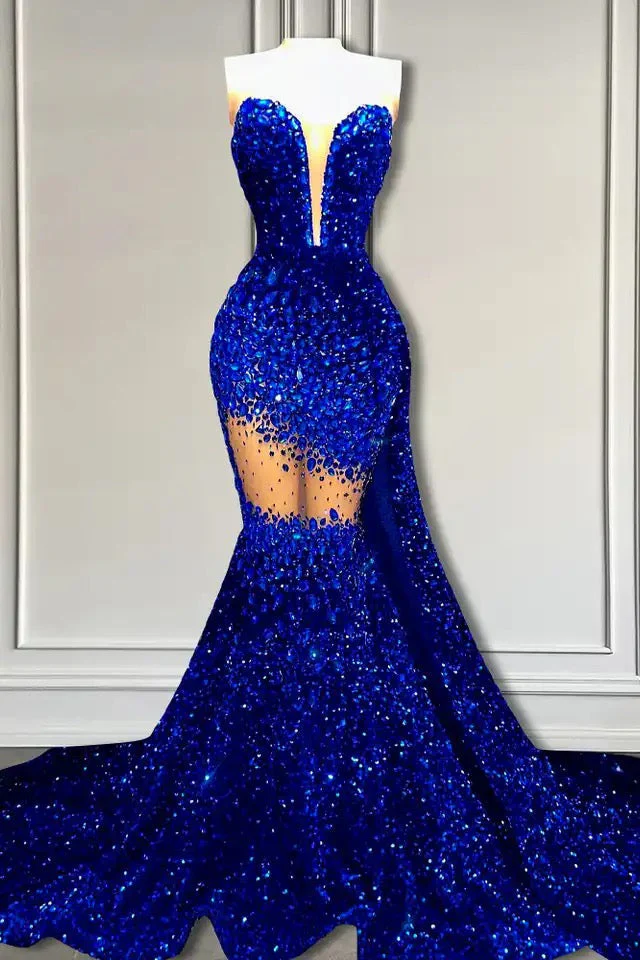 V-Neck Sequins Prom Dress Mermaid Sleeveless Crystal. - Image 3