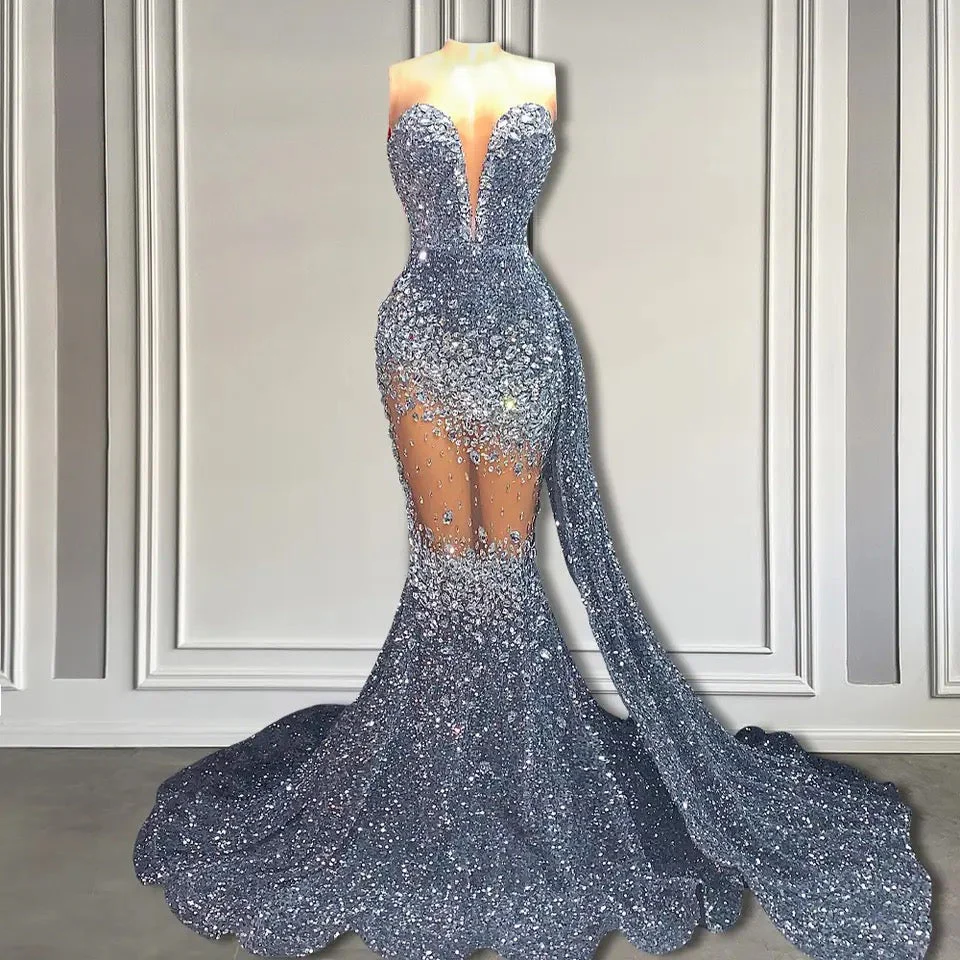 V-Neck Sequins Prom Dress Mermaid Sleeveless Crystal. - Image 6