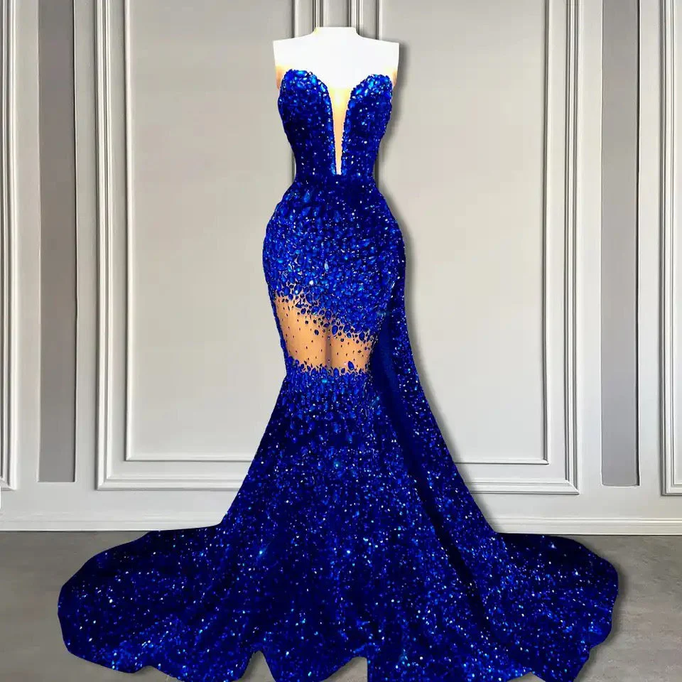V-Neck Sequins Prom Dress Mermaid Sleeveless Crystal. - Image 7