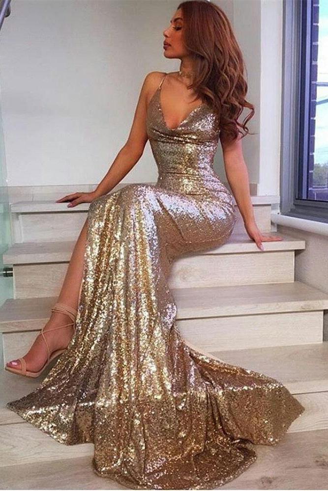V-Neck Sequins Prom Party Gowns| Mermaid Evening Dress With Slit - Image 3