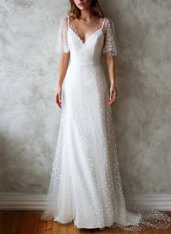 V-Neck Short Sleeves Lace Wedding Dress - Image 2