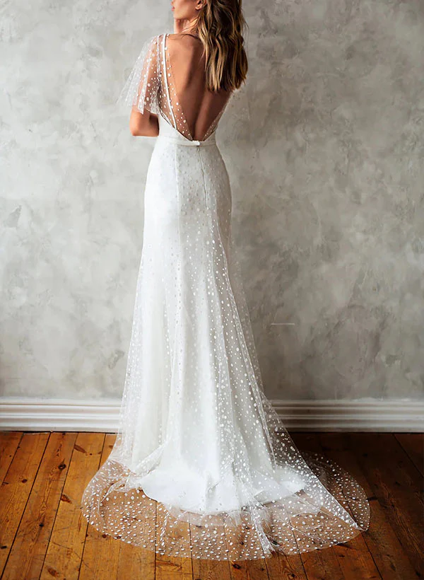 V-Neck Short Sleeves Lace Wedding Dress - Image 3